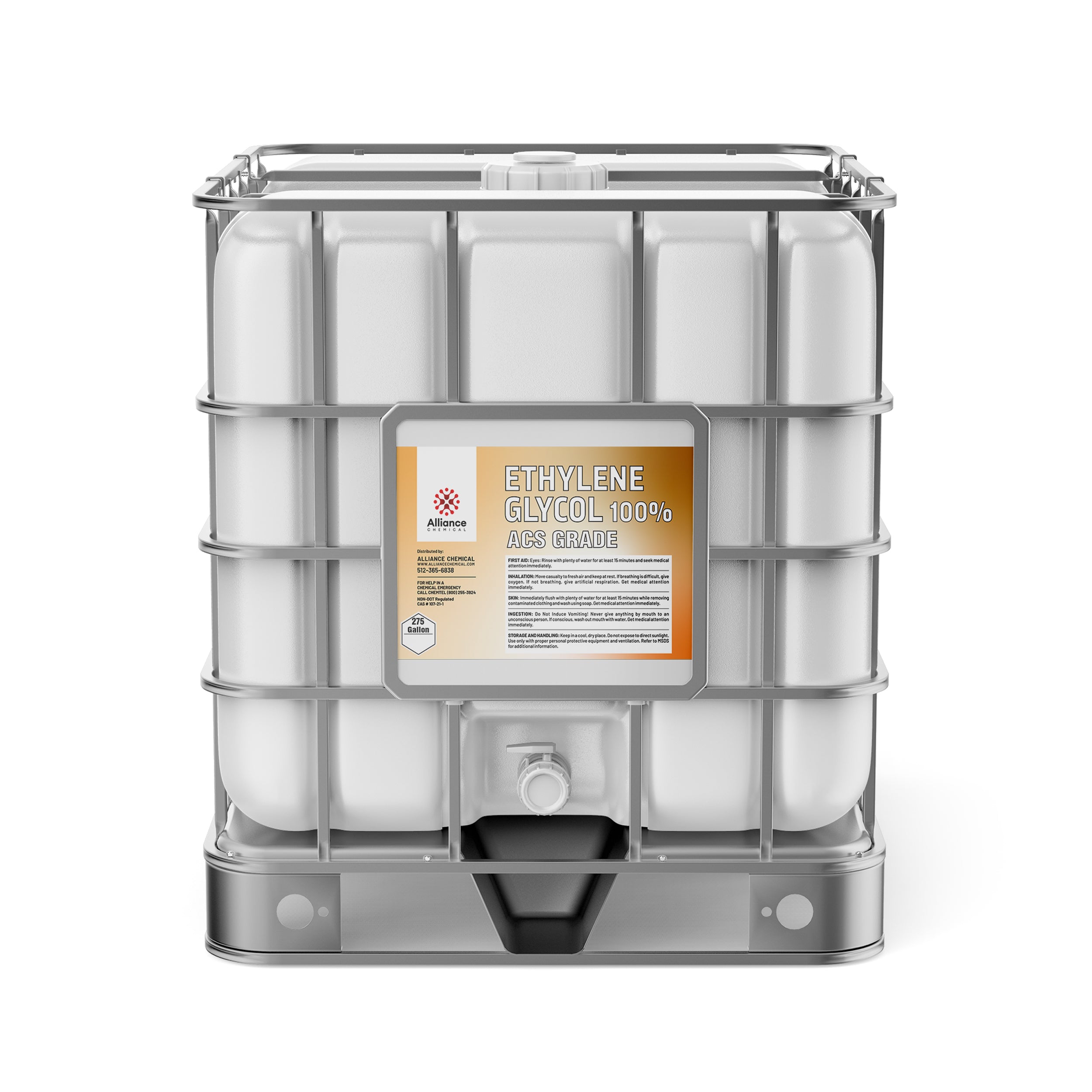 275-gallon IBC tote of 100% ACS-grade ethylene glycol in white container with reinforced steel cage, Alliance Chemical branded, bottom drain valve.
